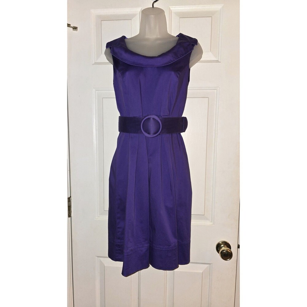 60s Mod Retro Purple Shift Dress Womens 4 Pleated Belted Portrait Neck Corporate